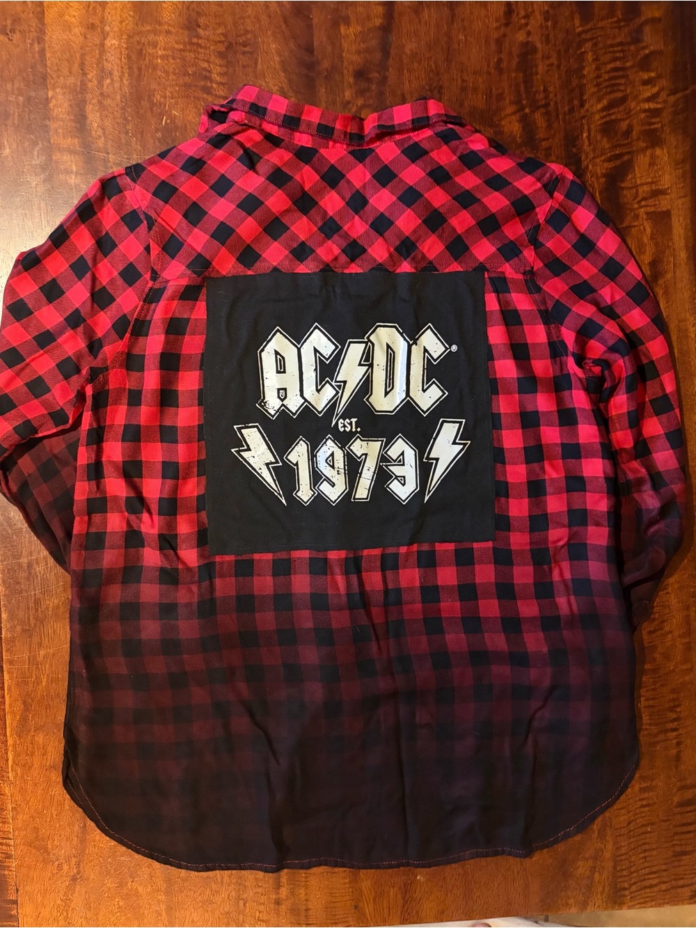 Upcycled AC/DC Graphic Ombré Dyed Red and Black Plaid Flannel Women’s Size Large